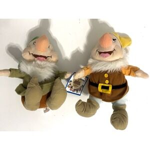 VTG Disney Store SNOW WHITE - 7 Dwarves Happy & Sleepy 10" Plush Dolls